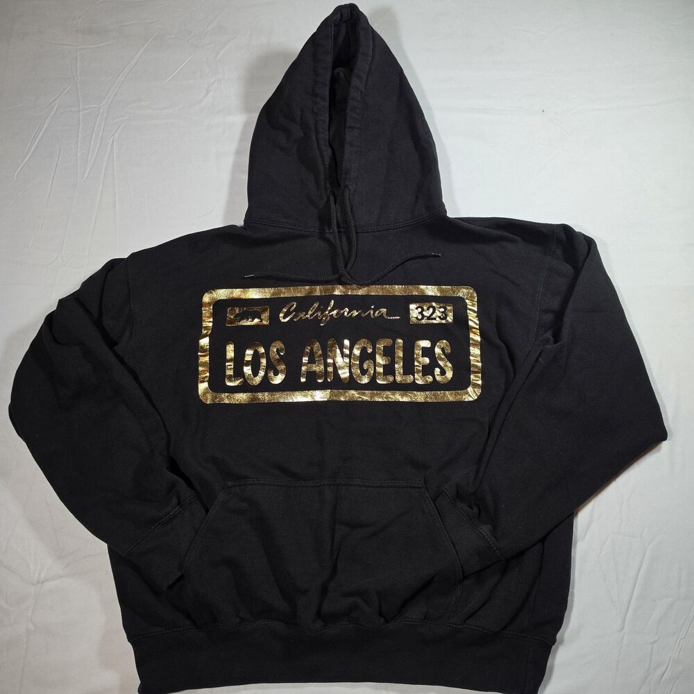 Three Layer Hoodie Mens Large Black Pullover Sweatshirt Los Angeles Gold Graphic